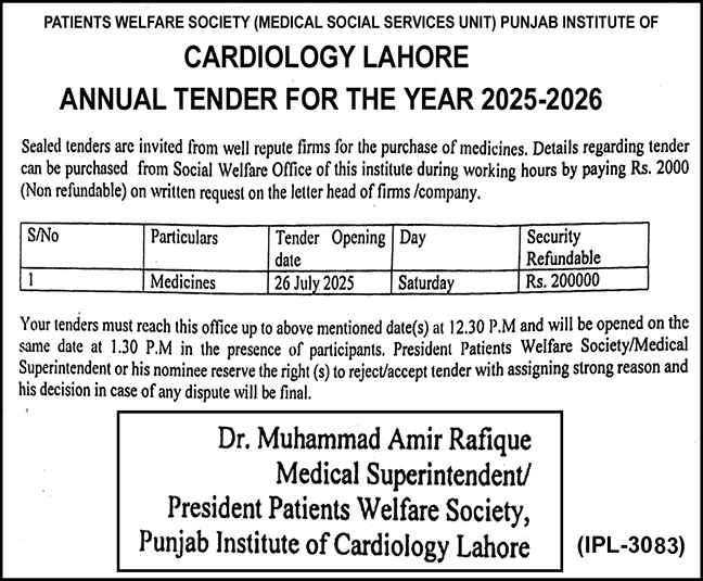 Punjab Institute of Cardiology Lahore Tender Notice